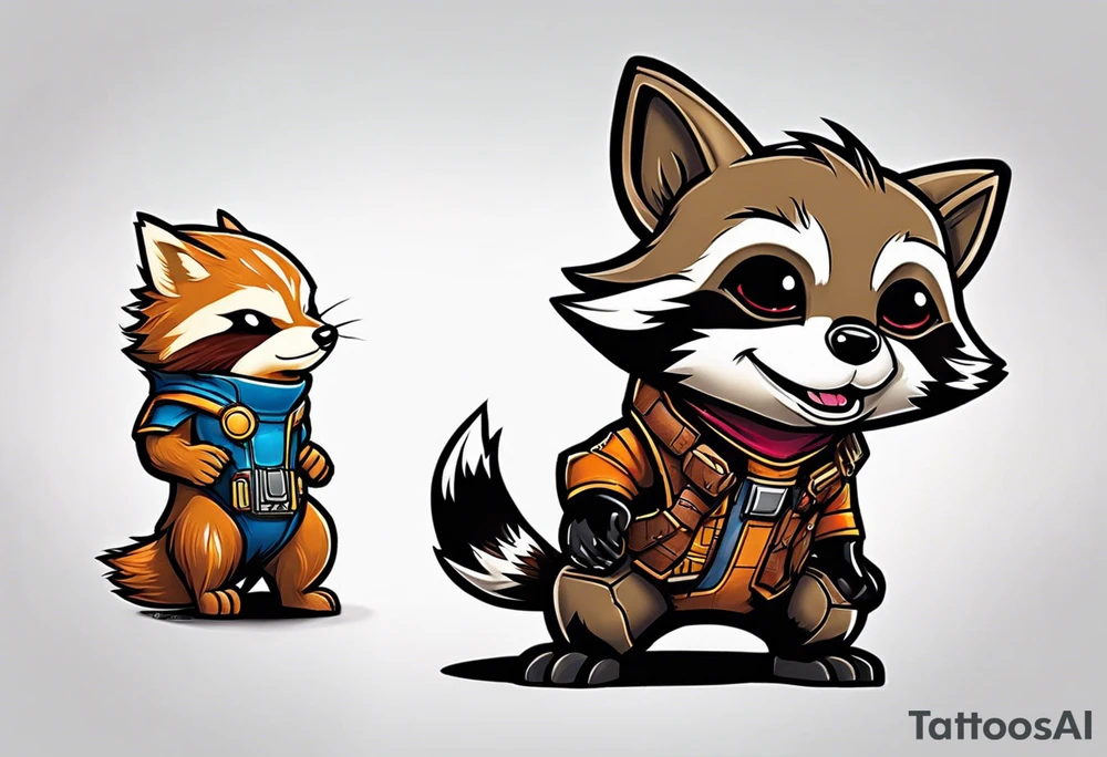 Disney guardians of the galaxy rocket playing with little groot (wooden creature) tattoo idea