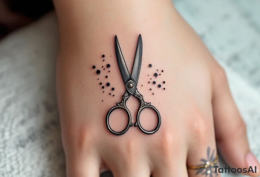 Tattoo Artist's Scissors Tattoo – A tattoo artist's tool—silver scissors with black ink spots scattered around them, incorporating dark gray and black tones, symbolizing the tools of the trade and creative expression. tattoo idea