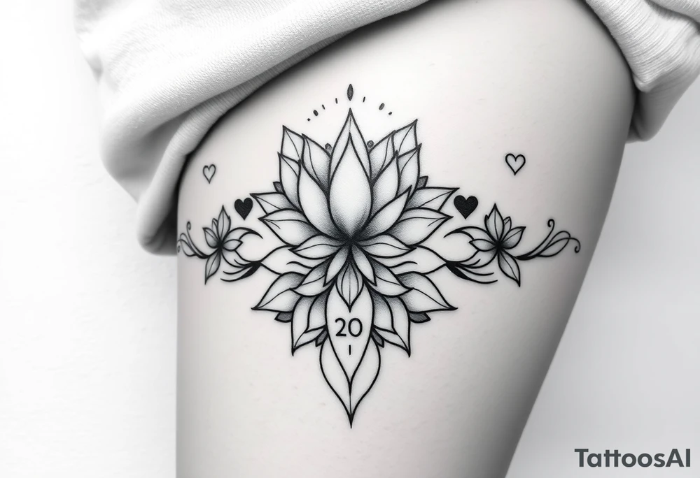 I want a tattoo for my upper thigh, that includes the date, march 30 2021, mom and daughter love that was born at 4:18 am and that includes hearts and the lotus flower and that represents the infinity love of a mother to her baby girl tattoo idea