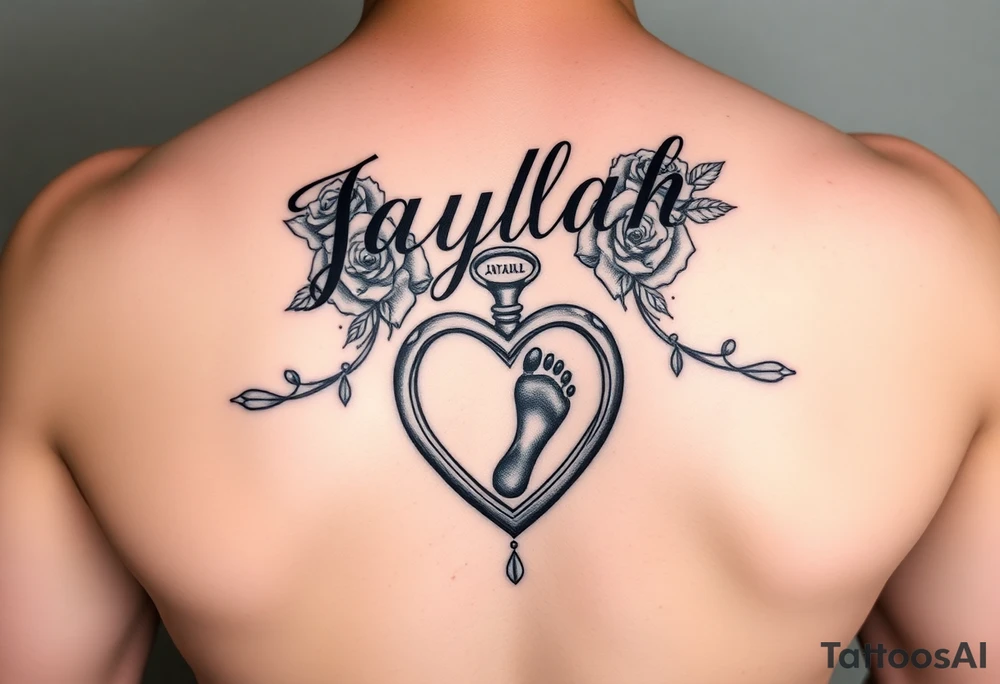 The name Jaylah With Roses and Foot Print and Pocket watch shaped like a Heart tattoo idea
