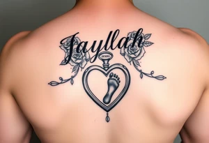 The name Jaylah With Roses and Foot Print and Pocket watch shaped like a Heart tattoo idea