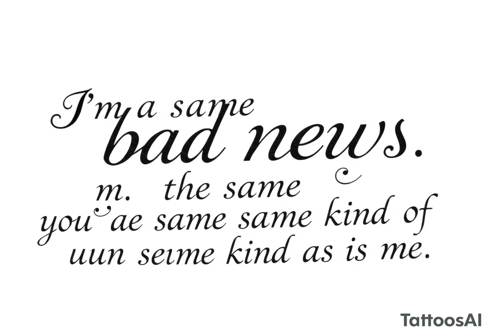 Chicano blackletter script tattoo, elegant cursive with thick and thin strokes, dramatic flourishes on 'f' and 'y'. Text: 'I’m the same bad news as you, / you’re the same kind of fucked as me.' High contrast, black ink on white background, no shading, no color tattoo idea