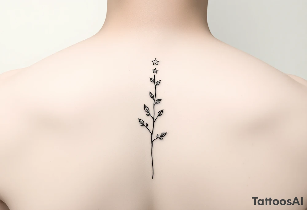 Tatouage minimaliste fine line noir, placement intérieur de l'avant-bras. Composition verticale élégante et discrète. Un petit sablier géométrique représente "Memento Mori". Une branche fine porte cinq petites feuilles symbolisant un homme, une femme, une fille et deux chats. Au-dessus de la branche, une étoile solitaire représente un enfant disparu mais toujours présent. Une légère fissure réparée dans la ligne centrale symbolise la résilience. Style épuré, intemporel, spirituel, lignes fines, peu d'encre, aucun remplissage noir massif, design harmonieux et émotionnel. tattoo idea
