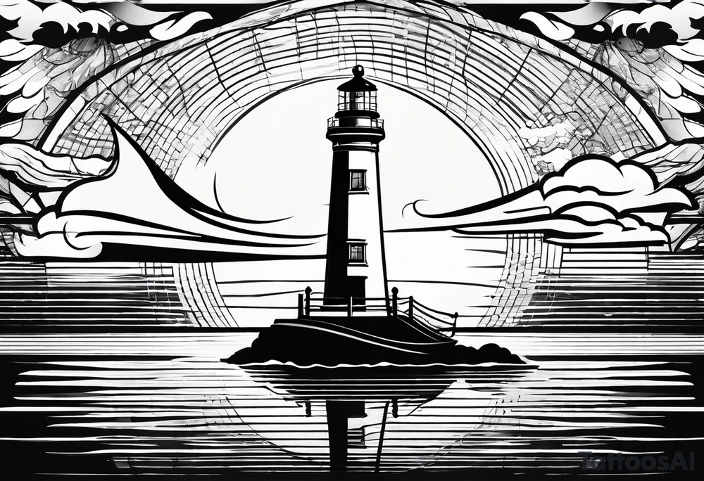 maritime lighthouse partially hidden by its large fixed sail. calm sea reflection. tattoo idea