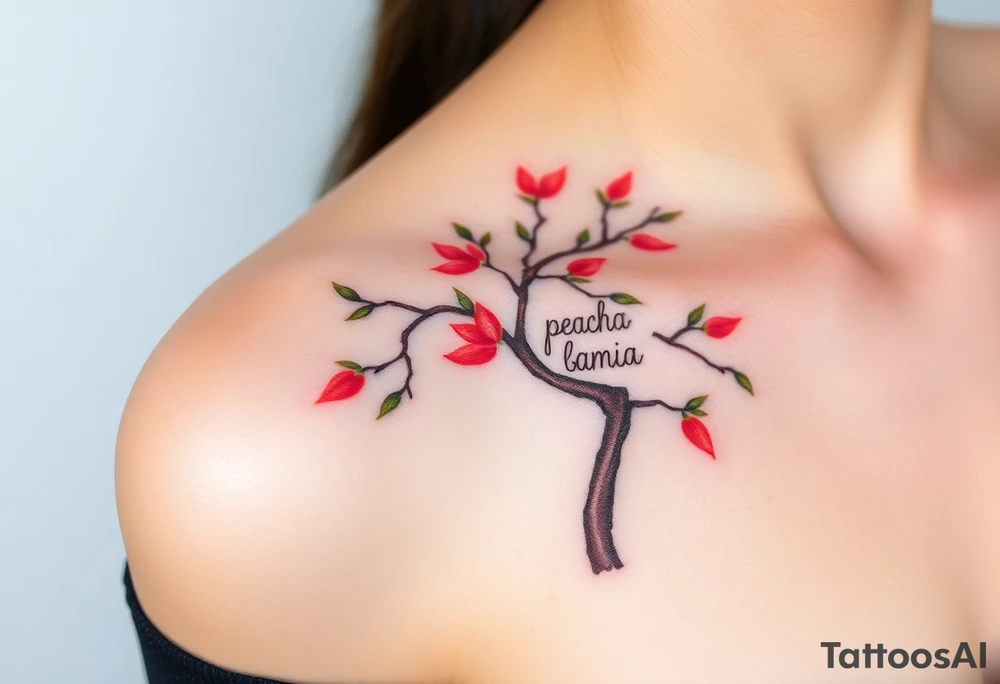 Peach tree with names scripted branches tattoo idea