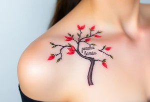 Peach tree with names scripted branches tattoo idea