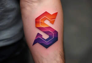 A vibrant sunset-gradient "S" transitioning from orange to pink to deep purple. tattoo idea