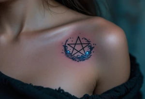 A pentagram submerged in dark water, with tiny waves and glowing bioluminescent blue accents tattoo idea