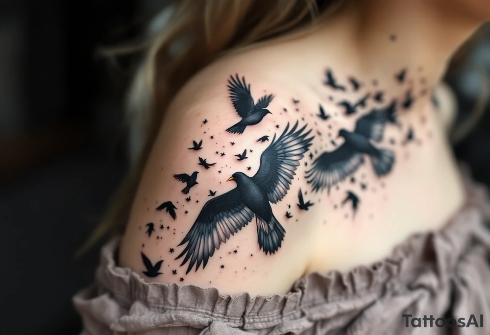 A flock of black birds soaring from the shoulder to the collarbone, symbolizing the journey to freedom. tattoo idea