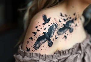 A flock of black birds soaring from the shoulder to the collarbone, symbolizing the journey to freedom. tattoo idea