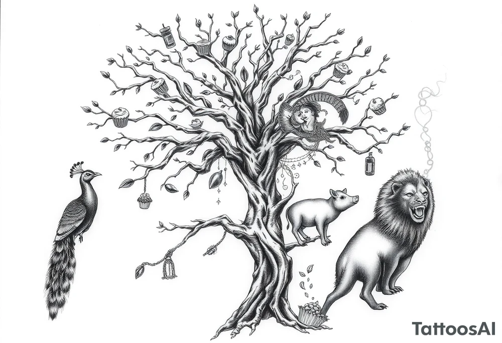 mystical tree  with cosmic  branches fat naked sexy woman , peacock , pig , cupcakes, liquor, cigerette, Storm clouds, pig, peacock , fat sexy naked fat woman, cupcakes, noose , money, goat lion, couple having sex toys pussy dicks, cigerette storm lightening, killing, darkness death, violent majestic creatures and fat naked girl tattoo idea