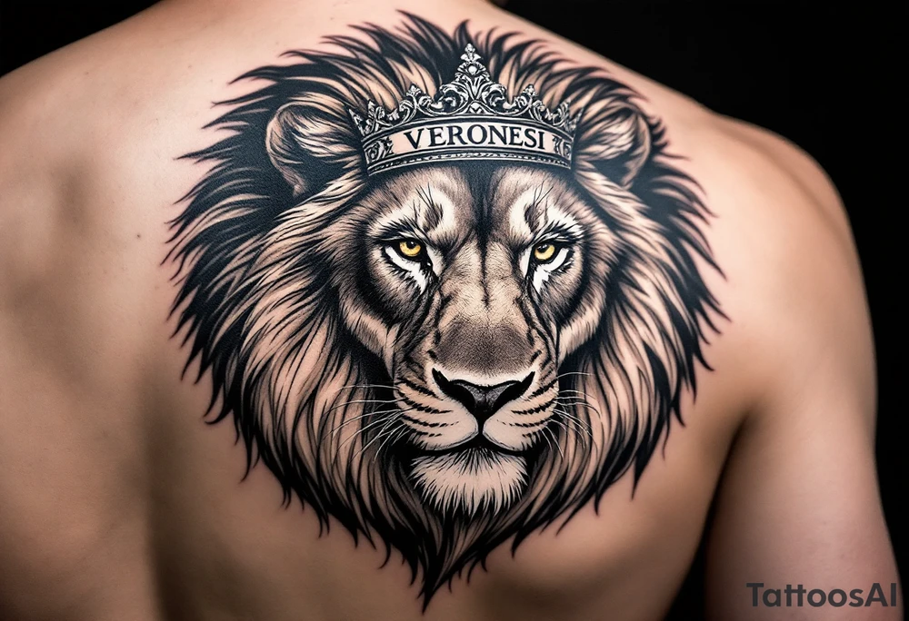Realistic lion with crown and "VERONESI" name add on it tattoo idea