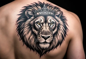 Realistic lion with crown and "VERONESI" name add on it tattoo idea
