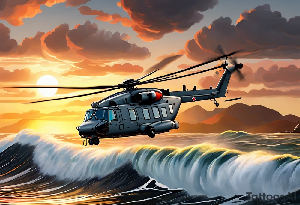 A detailed 4K drawing of a Canadian military grey CH-148 Cyclone helicopter soaring low over rough, ocean waves. The sun is setting, casting a dramatic glow on the scene with realistic clouds and a specular reflection of the helicopter on the water. The helicopter should be the main focus, with intricate details and a sense of motion. In the background, a poppy should be prominently displayed. tattoo idea