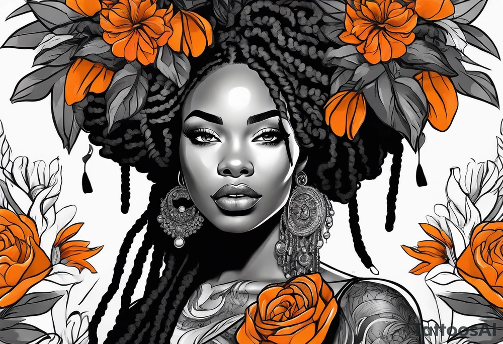 Black woman with locs and orange flowers tattoo idea
