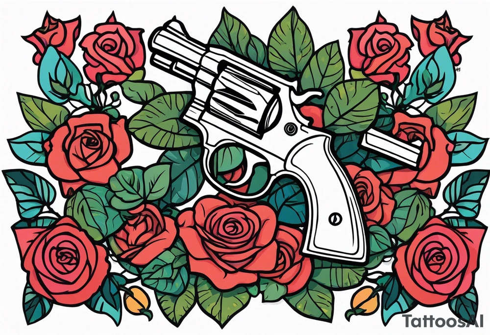 Revolver, roses, plants, pentagram tattoo idea