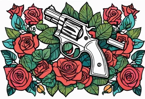 Revolver, roses, plants, pentagram tattoo idea