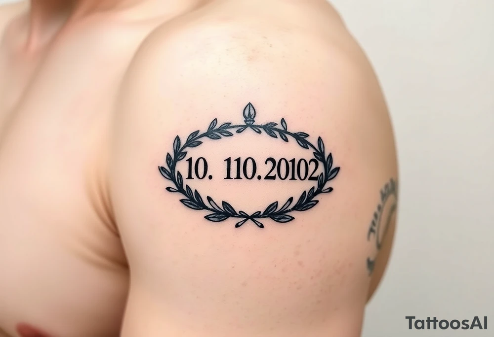 roman numerals (10.10.2002) in laurel crown in an ancient roman styles tattoo idea