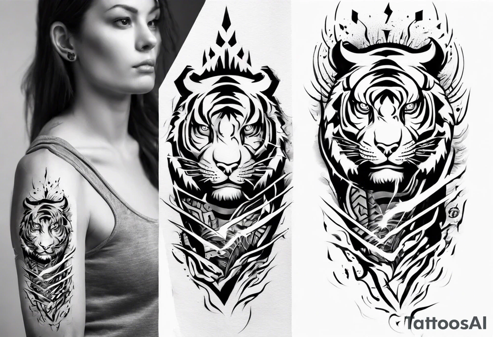 Tiger Warrior sleeve tattoo with lightning and the sun
Forearm sleeve tattoo idea