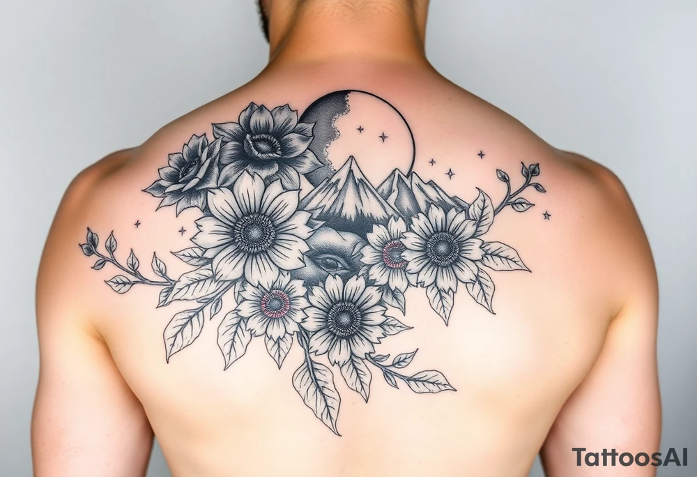 Arm and wristwrap around tattoo, with roses and vine with sunflowers moon and stars mountains tattoo idea