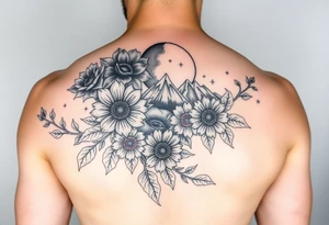 Arm and wristwrap around tattoo, with roses and vine with sunflowers moon and stars mountains tattoo idea