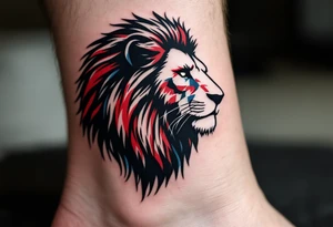 A minimalist Czech lion silhouette, outlined in bold black ink with red and blue shading, creating a modern and clean design. tattoo idea