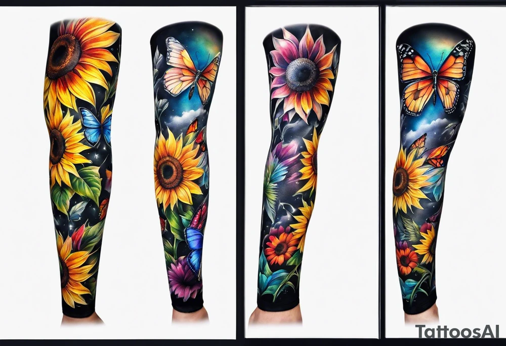 arm sleeve with winged cross, rainbow sunflowers and butterflies tattoo idea