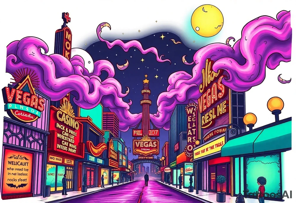 Tim Burton’s vegas casino on the strip from outside view is the street is littered with neon signs  and dripping with muted reds, dusty pinks, and eerie green glow purple and cyan smokey clouds swim through the moonlit night air as the stars twinkle tattoo idea tattoo idea
