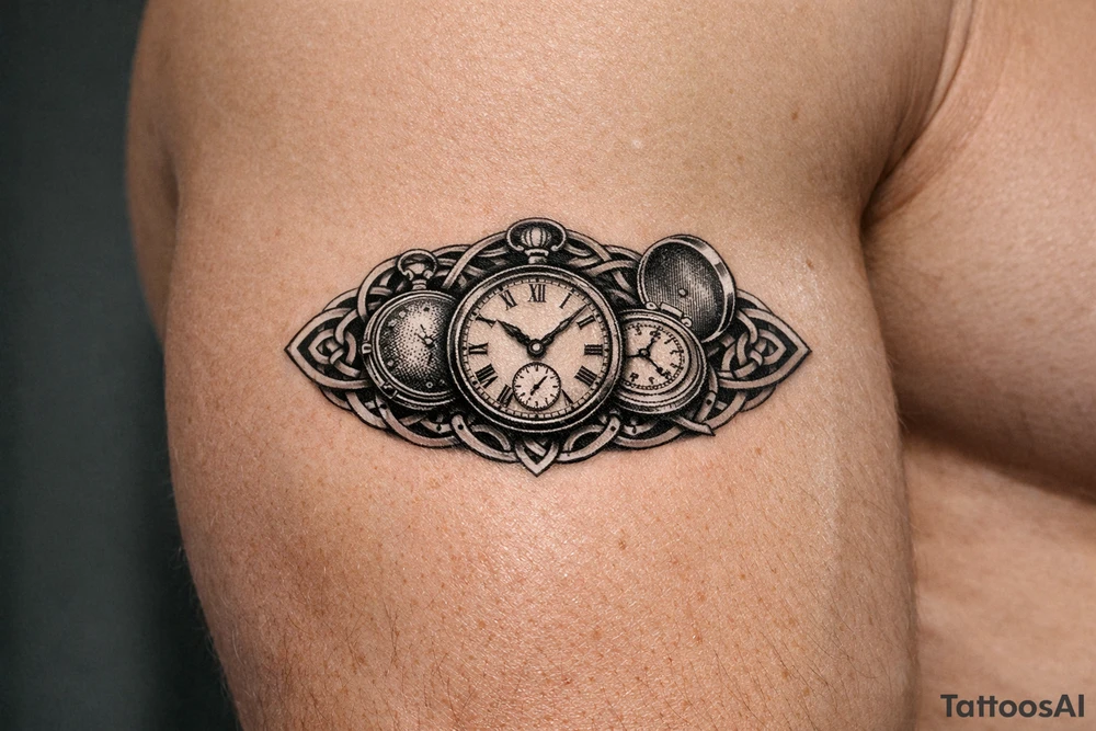 A trio of pocket watches, open and closed, framed by Celtic spirals. tattoo idea