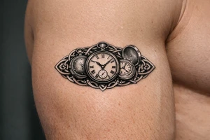 A trio of pocket watches, open and closed, framed by Celtic spirals. tattoo idea