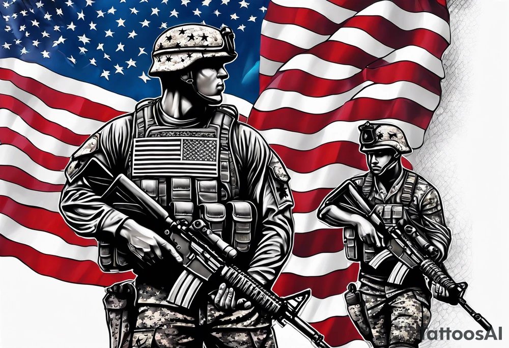 United States Marine Corps and American Flag arm sleeve with soldiers memorial tattoo idea