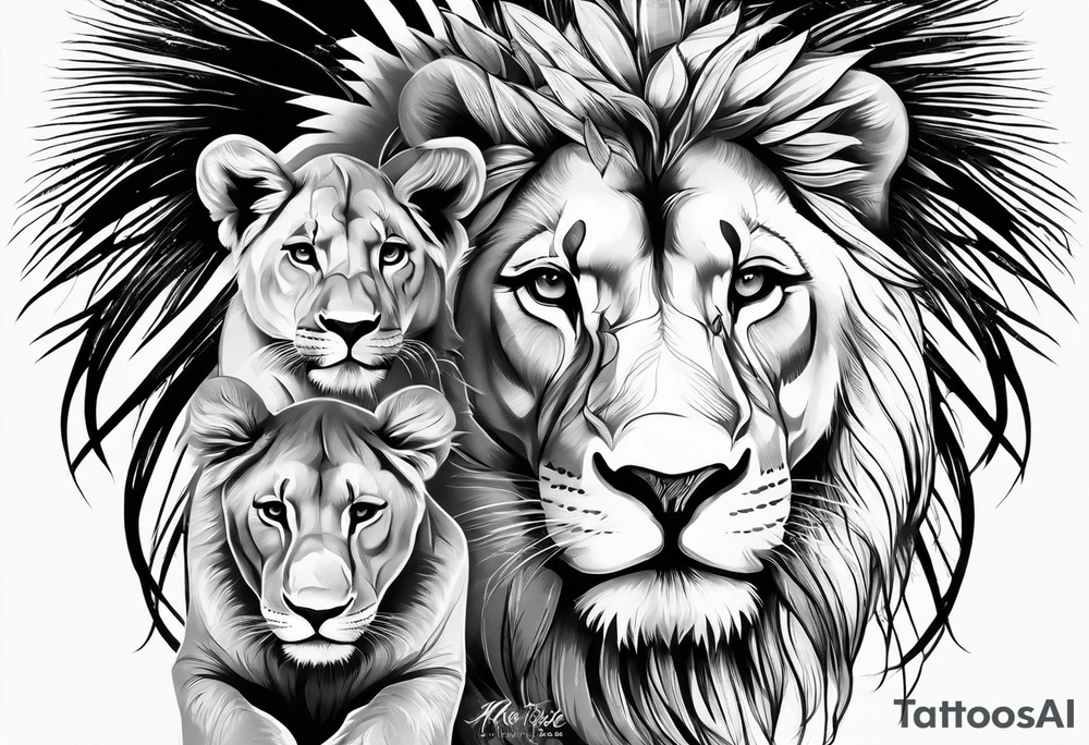 lioness and cub sun palm tree tattoo idea