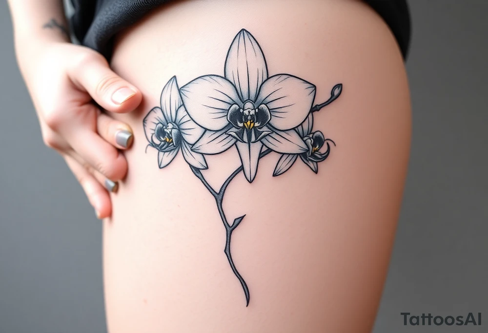 Draw of three fine line orchids different size realistic, the central part resembles a vagina. Are connected with branches tattoo idea