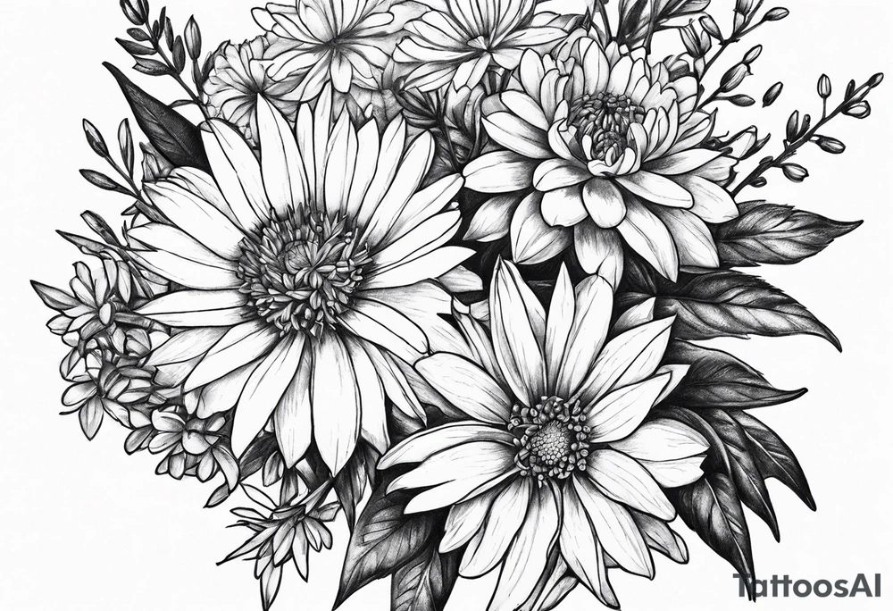 Aster and larkspur bouquet tattoo idea
