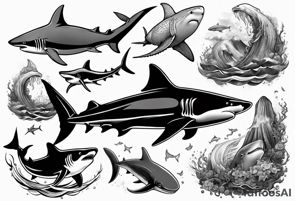 shark, octapus, lion, whale shark, manta ray sleeve tattoo idea
