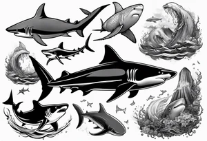 shark, octapus, lion, whale shark, manta ray sleeve tattoo idea