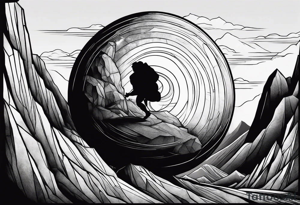 Sisyphus roll a huge boulder endlessly up a steep hill tattoo idea