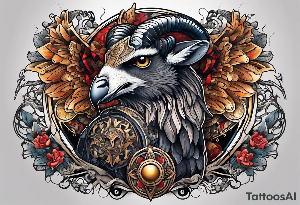 A tattoo with a Aries Ram, A Peregrine Falcon and a Rat. in astrological design tattoo idea