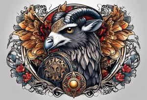 A tattoo with a Aries Ram, A Peregrine Falcon and a Rat. in astrological design tattoo idea