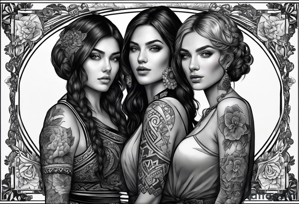 three person side by side. a really really young Daughter on the left, mother in the middle, really really old grandmother on the right. greater age difference, in an artfully decorated frame tattoo idea