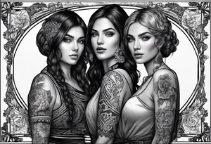 three person side by side. a really really young Daughter on the left, mother in the middle, really really old grandmother on the right. greater age difference, in an artfully decorated frame tattoo idea