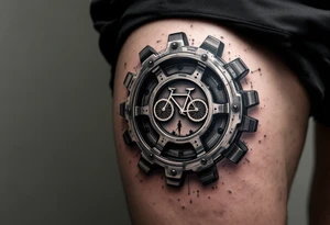 A mechanical gear system with a hidden bicycle silhouette inside, using black and gunmetal gray for a sleek industrial aesthetic. tattoo idea