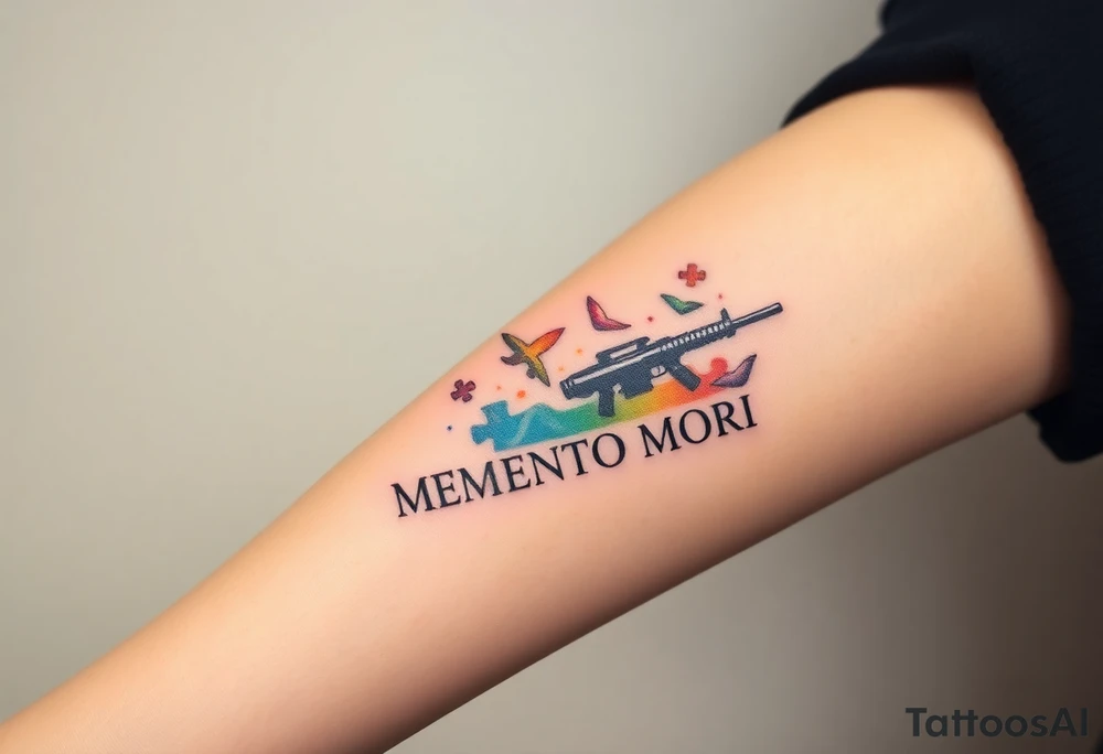 colorful futuristic memory tattoo for passed boyfriend; Florida, gulf coast water, Harley Davidson, skateboarding, puzzle pieces, video games, heaven, god, outdoors, guns, disc golf, words "MEMENTO MORI" tattoo idea