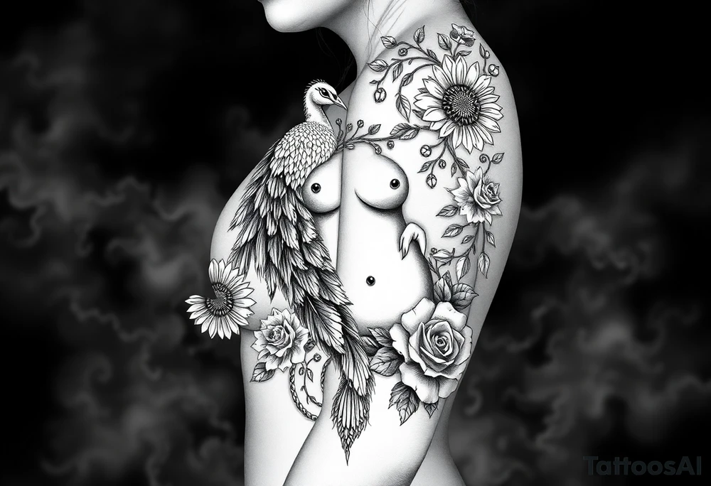 Storm, darkness, seven deadly sins, fat naked woman, peacock, dead sunflower and rosesflowers, razor blades, noose, couple having sex , cupcake ,cigerettes storm clouds tattoo idea