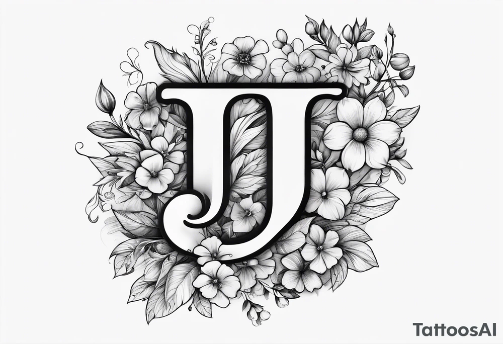 Bold letter J with small flowers tattoo idea