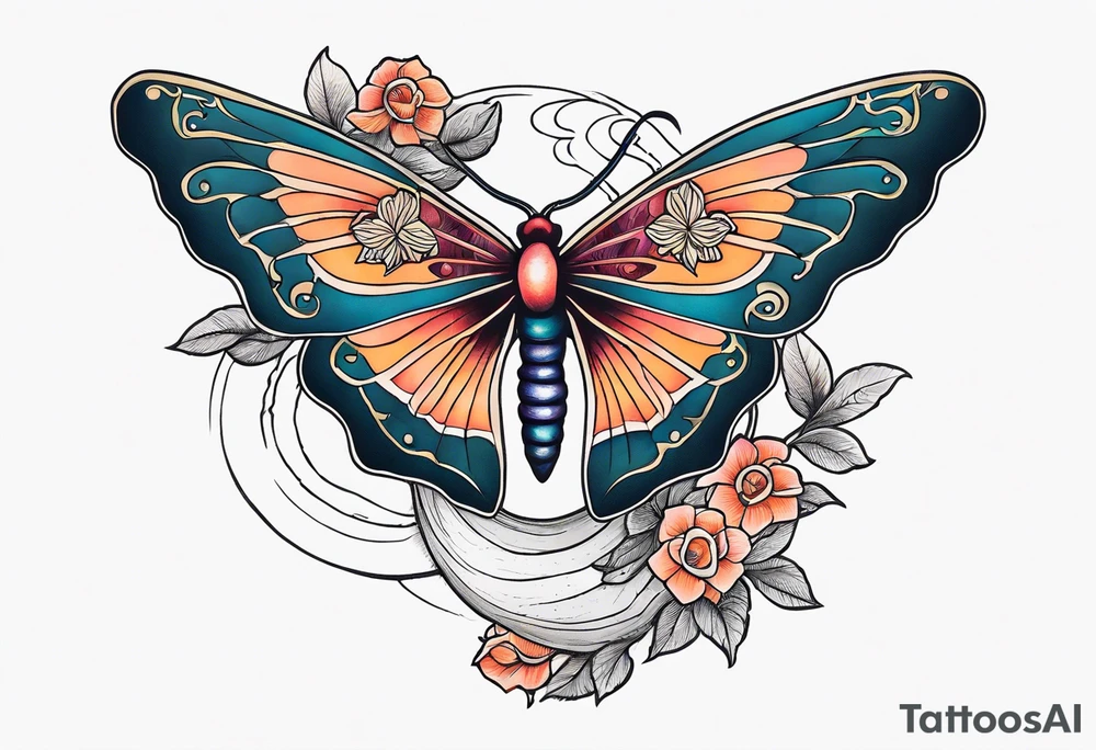 Moth, moon, snake, flowers tattoo idea