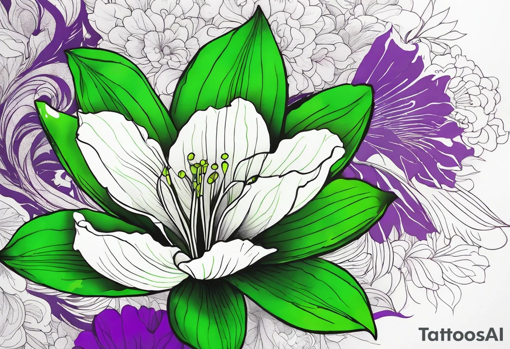 An outline of a green rio dipladenia flower and a green and purple watercolor splash in the background tattoo idea