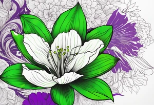 An outline of a green rio dipladenia flower and a green and purple watercolor splash in the background tattoo idea