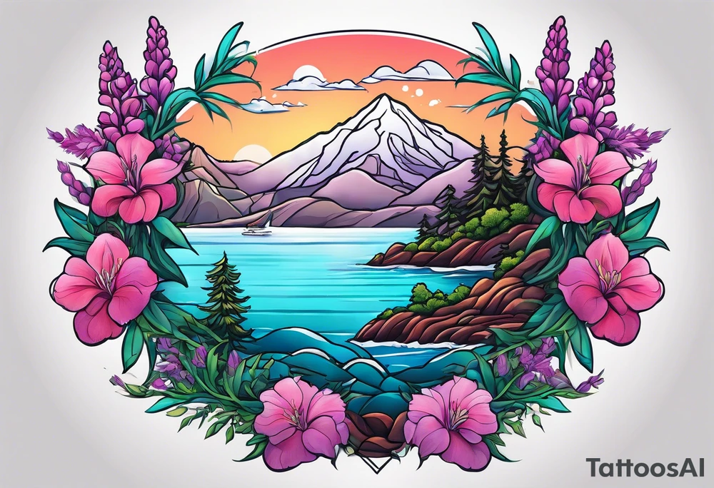 ocean mountains surrounded by lupin and fireweed vines tattoo idea