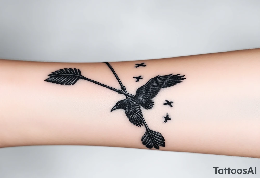 bow and arrow made from raven feathers with a flock of ravens flying out from it in a shadowy way, dark realism tattoo idea